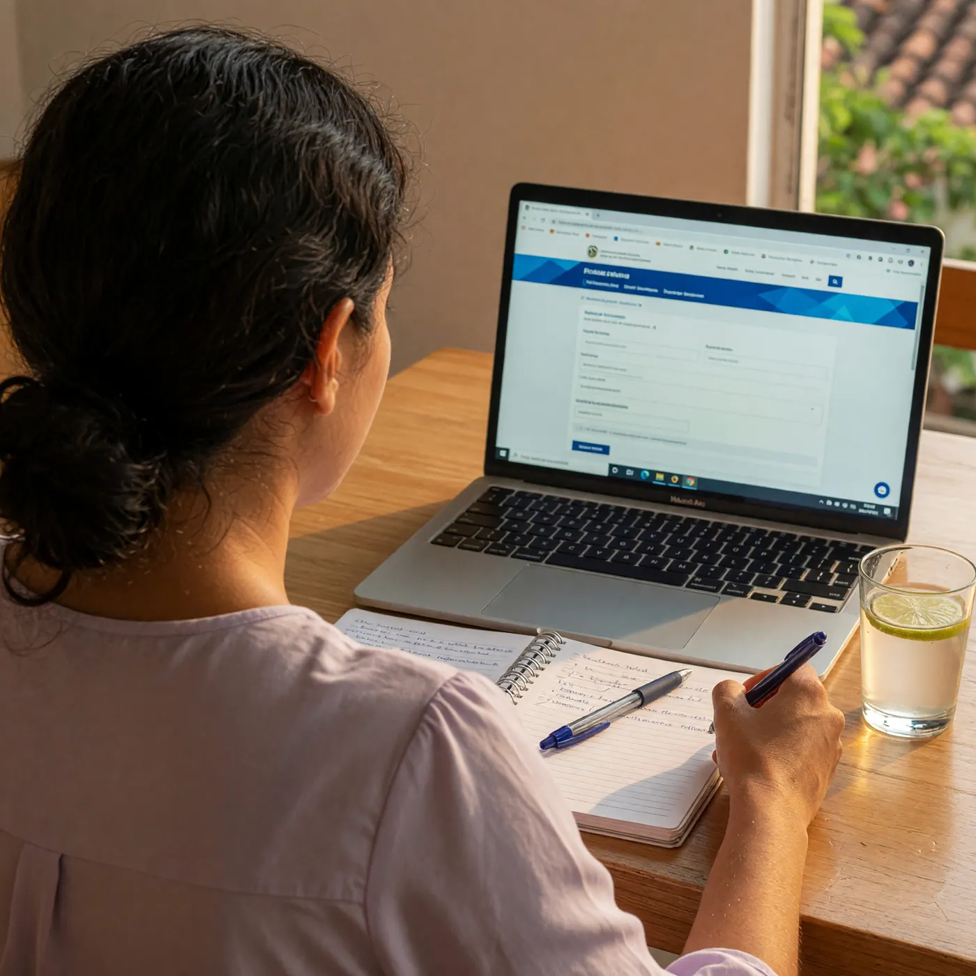 Persona revisando el portal web de la DIAN en su computadora portátil con una libreta de notas al lado