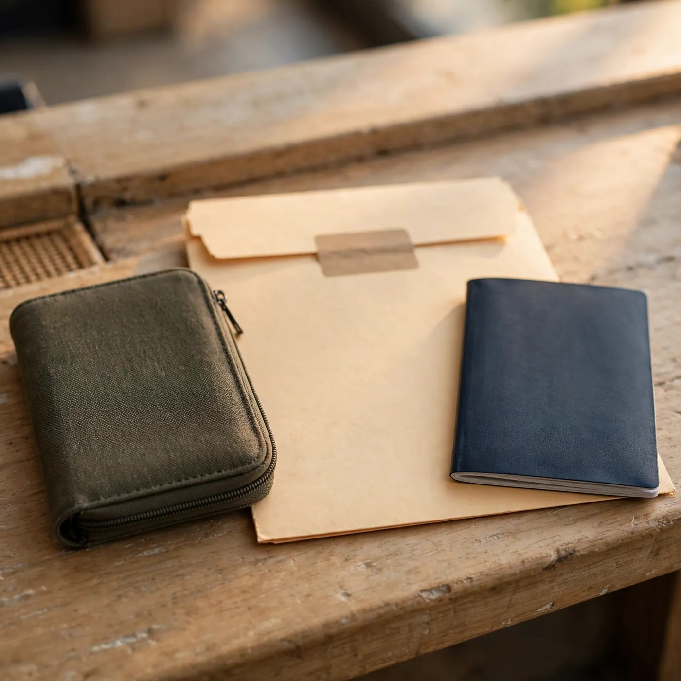 Closed zipped wallet and manila folder beside a passport on an airport customs counter