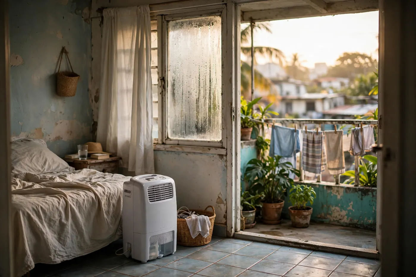 Modest rental bedroom with a portable dehumidifier on a tiled floor, a condensation-filmed window and cotton curtains