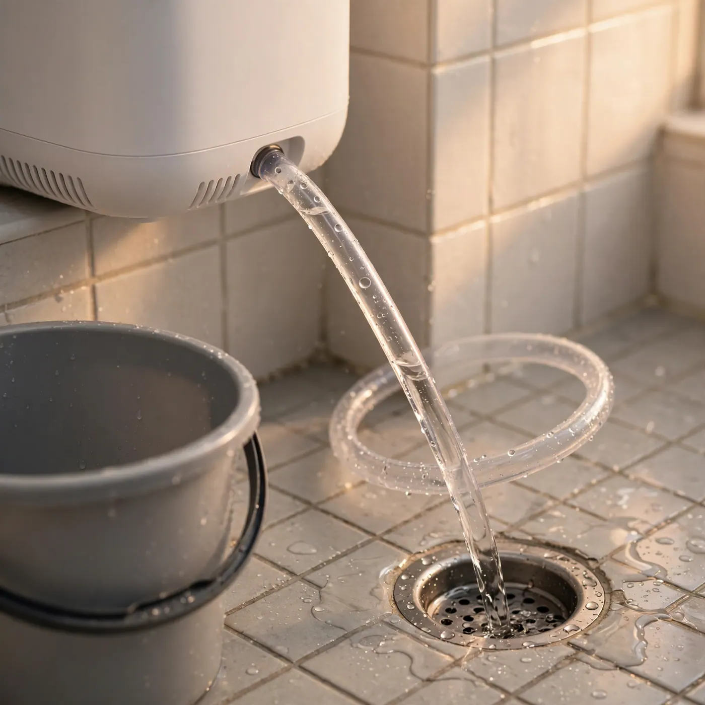 Clear condensate hose running from a portable dehumidifier into a bathroom floor drain, with no hole in the wall