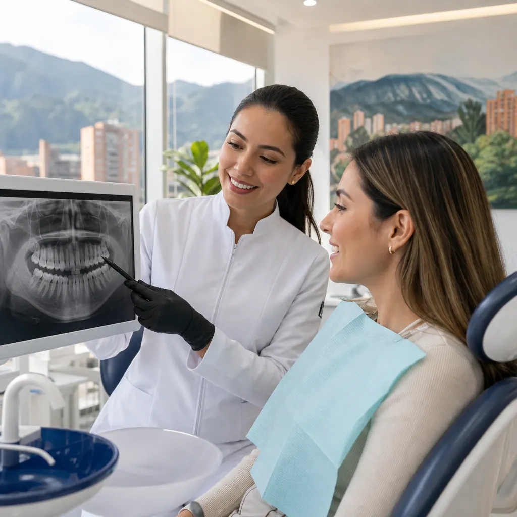 Dentist discussing treatment plan with a patient in a modern Colombian dental clinic