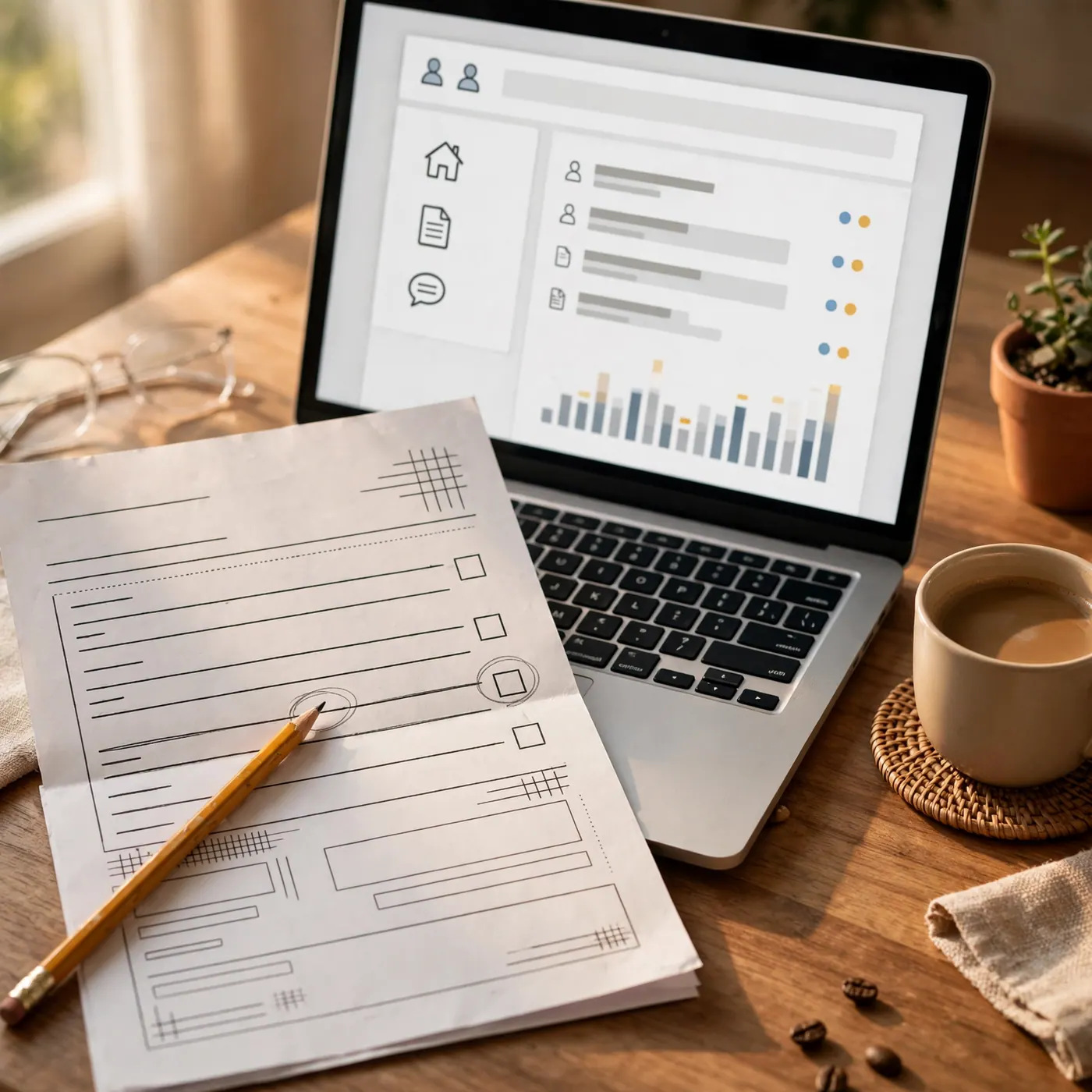 Factura de servicios con un lápiz sobre el escritorio junto a un portátil abierto y una taza de café