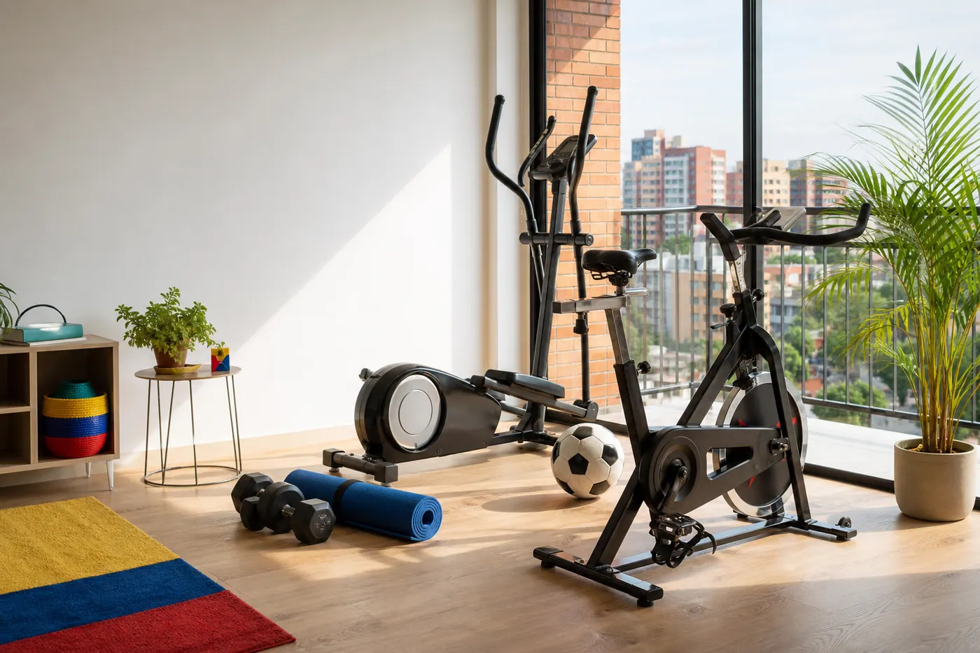 Bicicleta estática, elíptica y equipos deportivos en un hogar colombiano