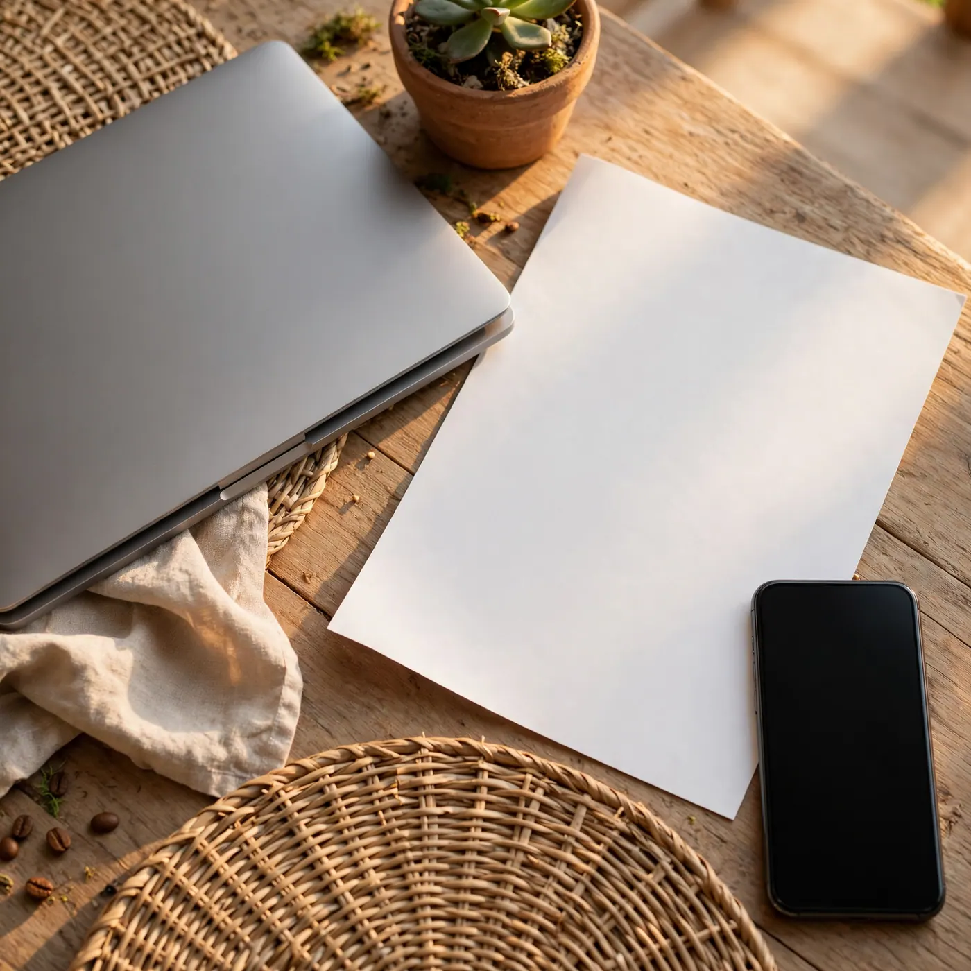 Portátil, hoja impresa boca abajo y celular apagado sobre una mesa, como quien espera un código al correo