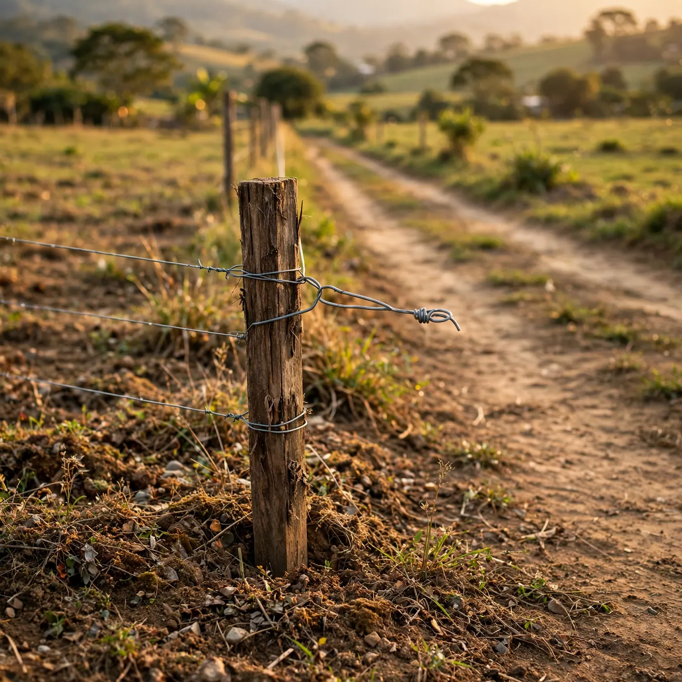 Detalle de una estaca y alambre en la esquina de un terreno rural con camino de tierra al fondo