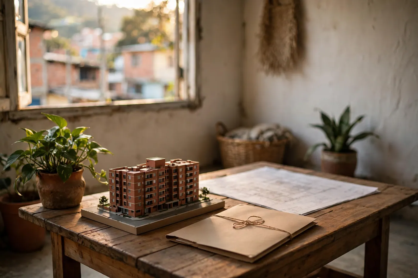Sala de ventas modesta con maqueta de edificio de ladrillo, carpeta cerrada y dibujo sobre mesa de madera con luz de tarde