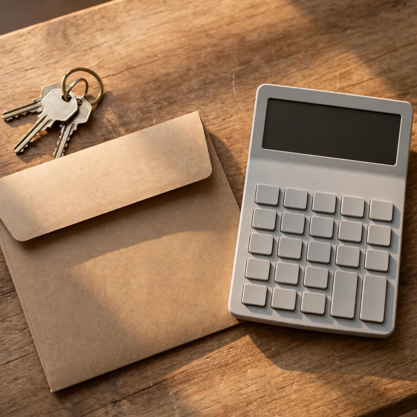 Llaves de apartamento junto a una carpeta cerrada y una calculadora sencilla sobre una mesa