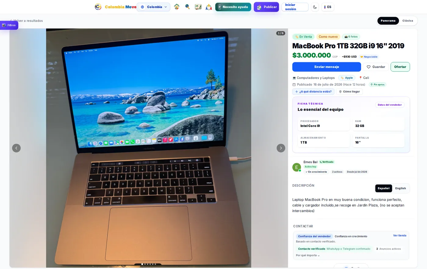 Vista Panorama en producción con la foto del producto a la izquierda y los detalles del anuncio a la derecha
