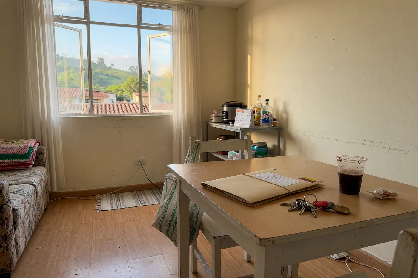 Contrato de arrendamiento y llaves sobre una mesa en un apartamento colombiano