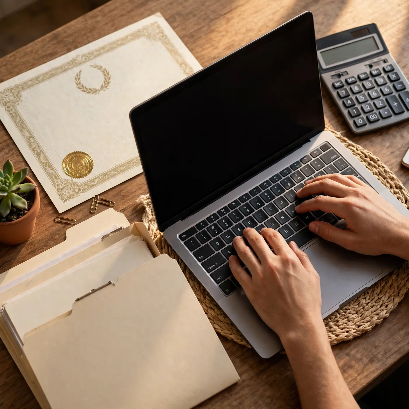 Manos escribiendo en un portátil junto a carpetas, una calculadora y un documento impreso sobre un escritorio de madera