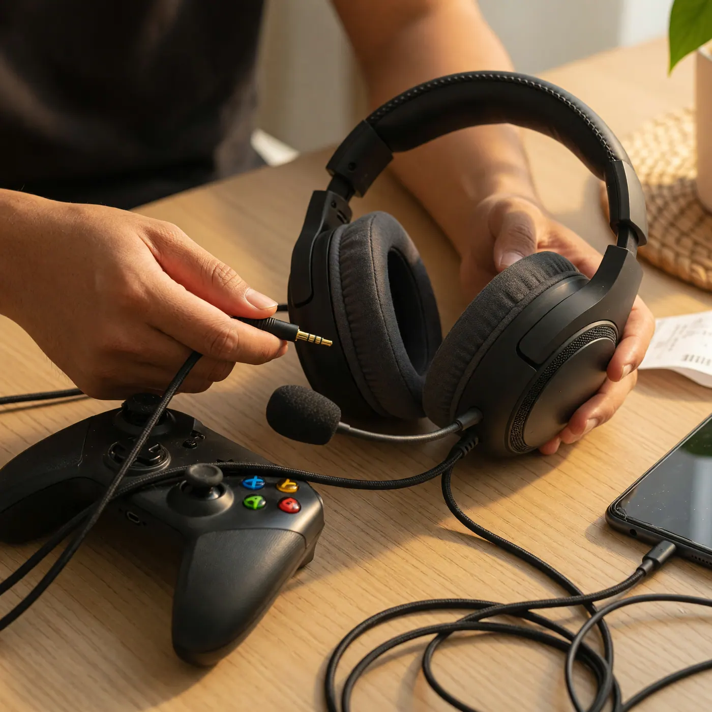 Manos conectando una diadema gamer a un control de consola, revisando el conector y el boom del micrófono