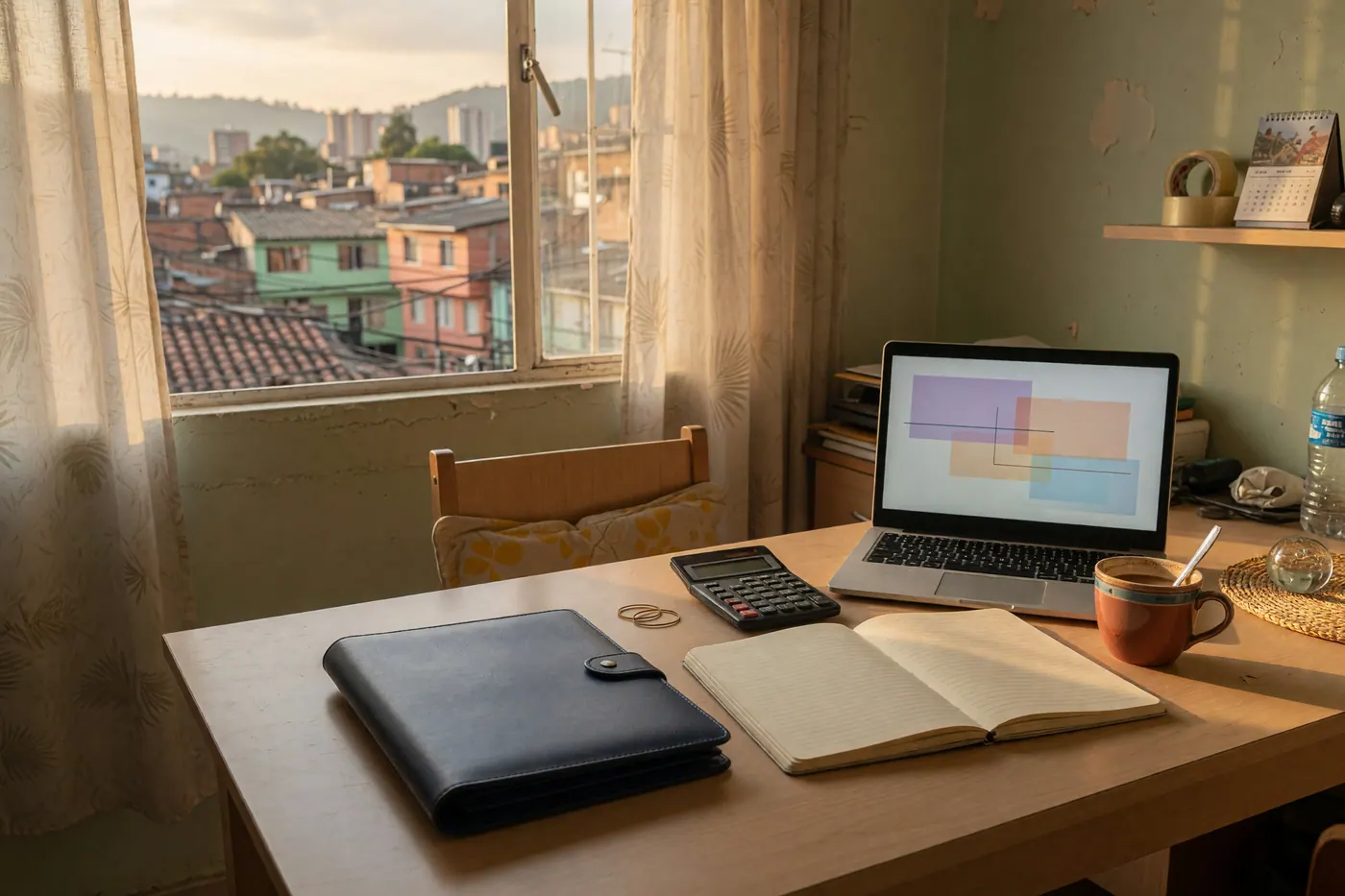 Laptop, calculator, notebook and document folder on an apartment desk