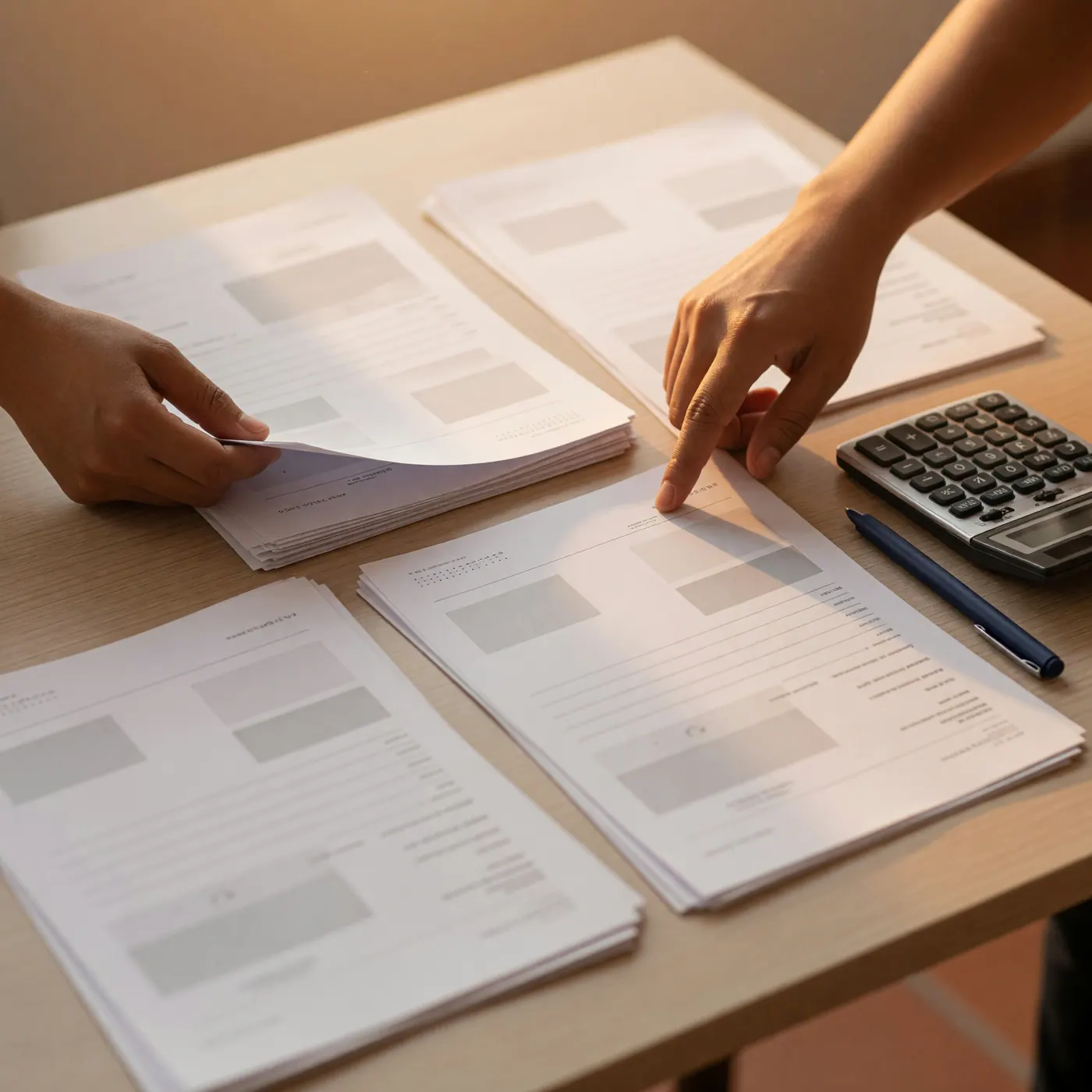 Hands sorting blurred paperwork beside a calculator and pen