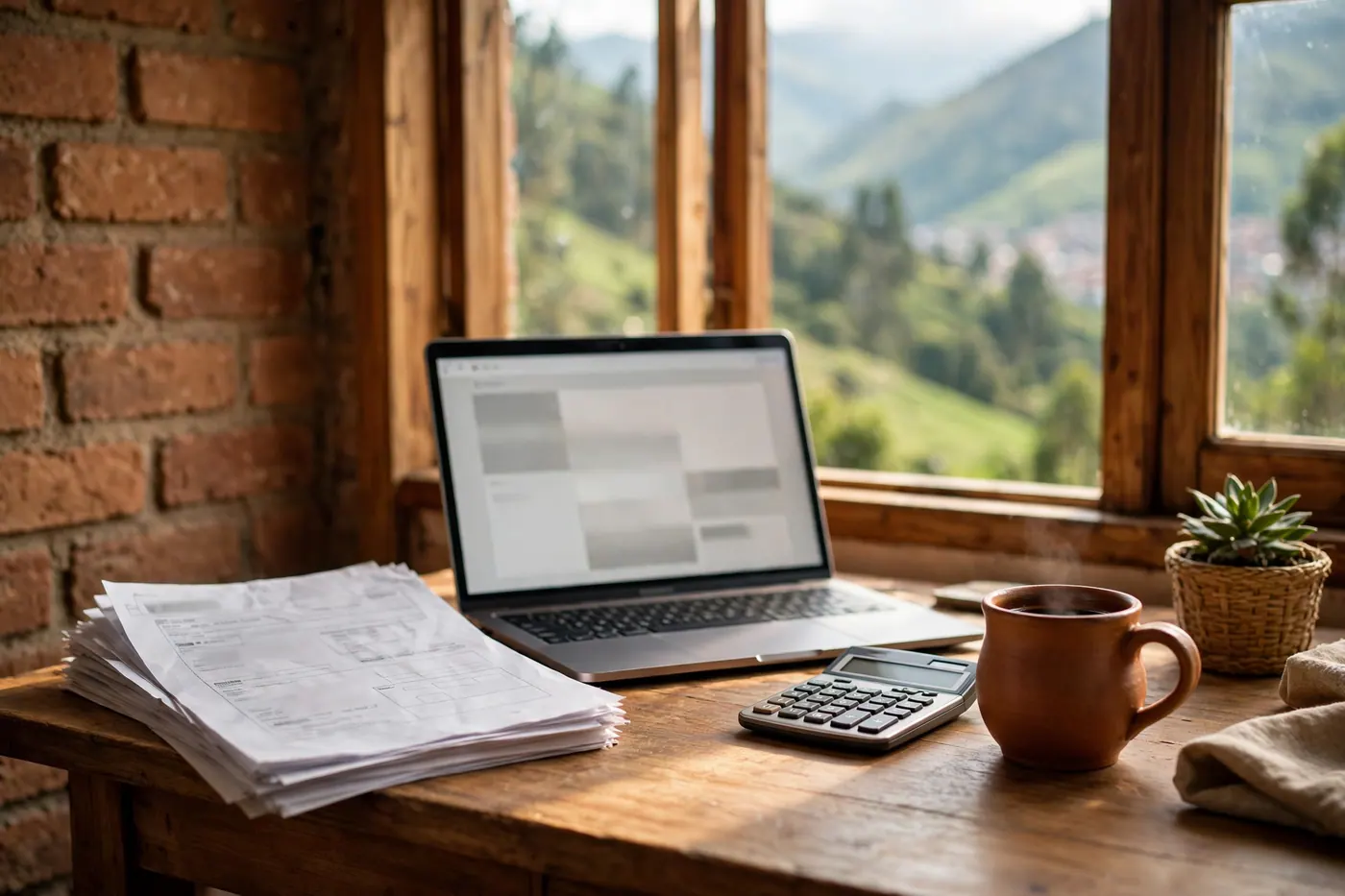 Wooden desk with laptop, stacked tax paperwork, calculator, and ceramic coffee mug beside a window onto green Andean hills.