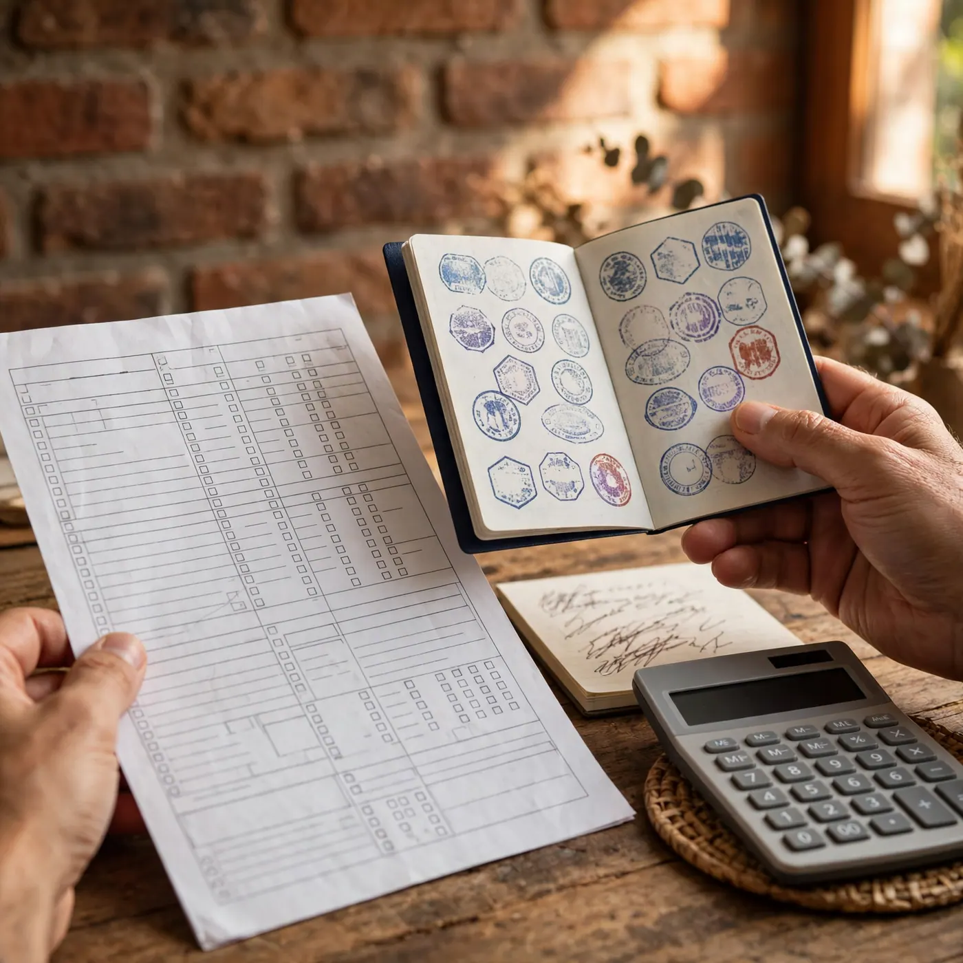 Hands holding a tax worksheet and an open passport with entry stamps next to a calculator on a wooden table.