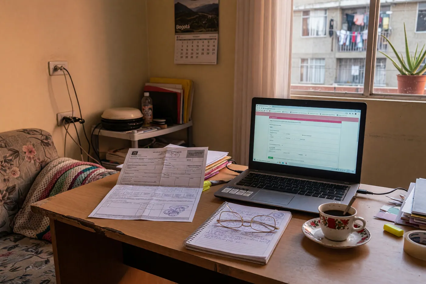 Escritorio con computador portátil, documento tributario en papel, libreta, anteojos y taza de café