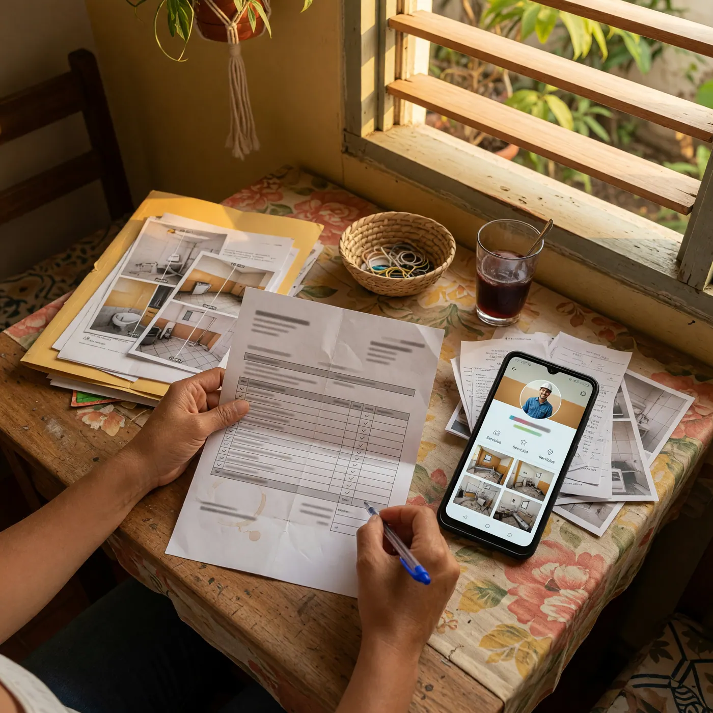 Manos revisando datos de un proveedor independiente en un documento físico junto a un smartphone