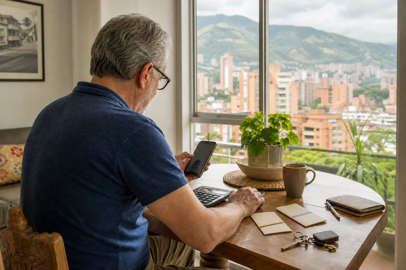 Retiree in Colombia reviewing US dollars, Colombian pesos and a monthly budget