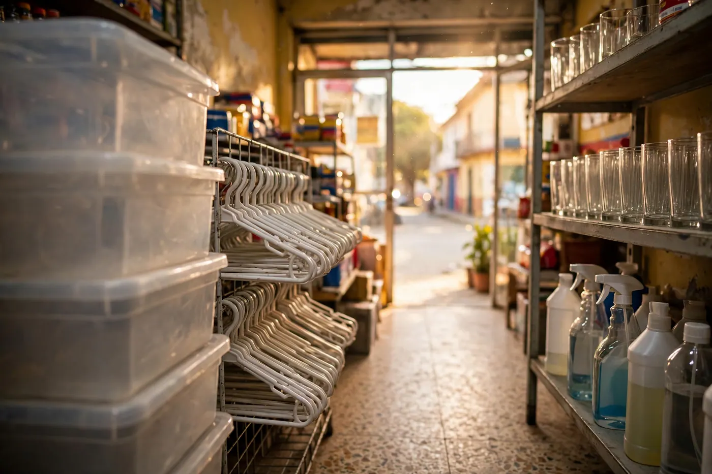 Bright variety-store aisle with stacked plastic bins, hangers, plain drinking glasses and cleaning bottles