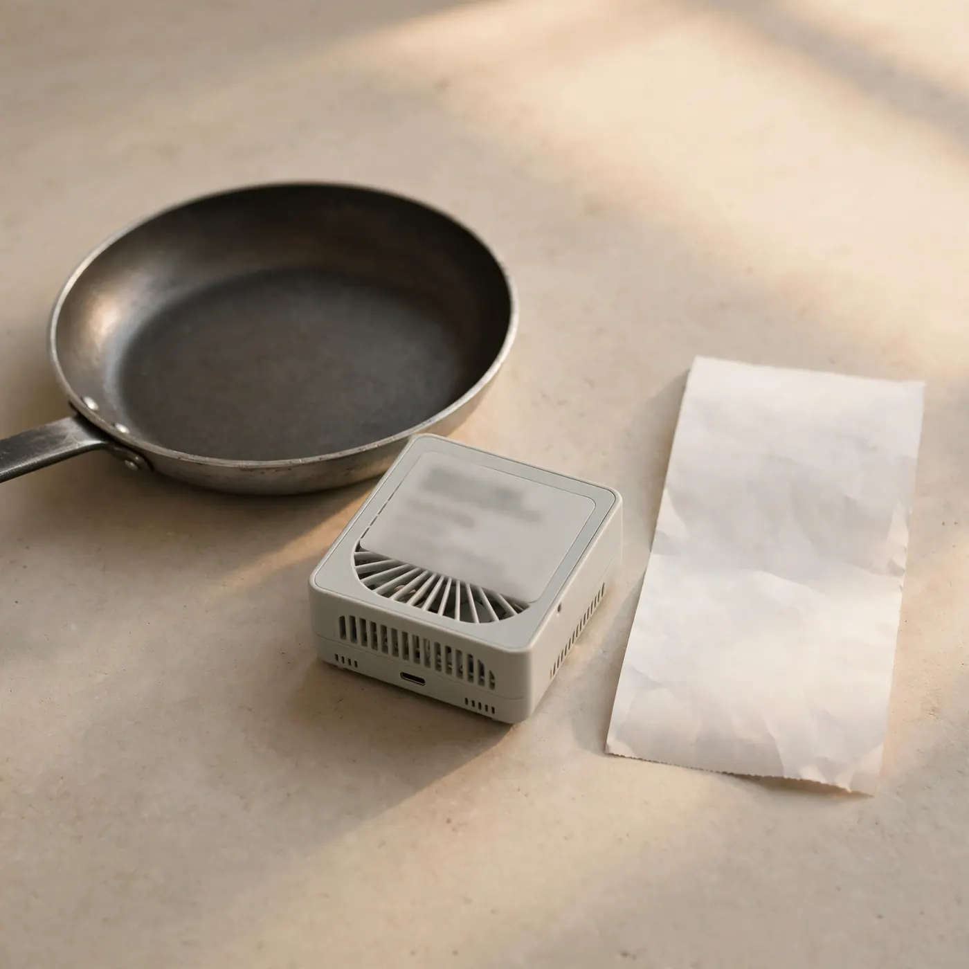 Thin frying pan beside a small boxed fan and a paper receipt on a countertop