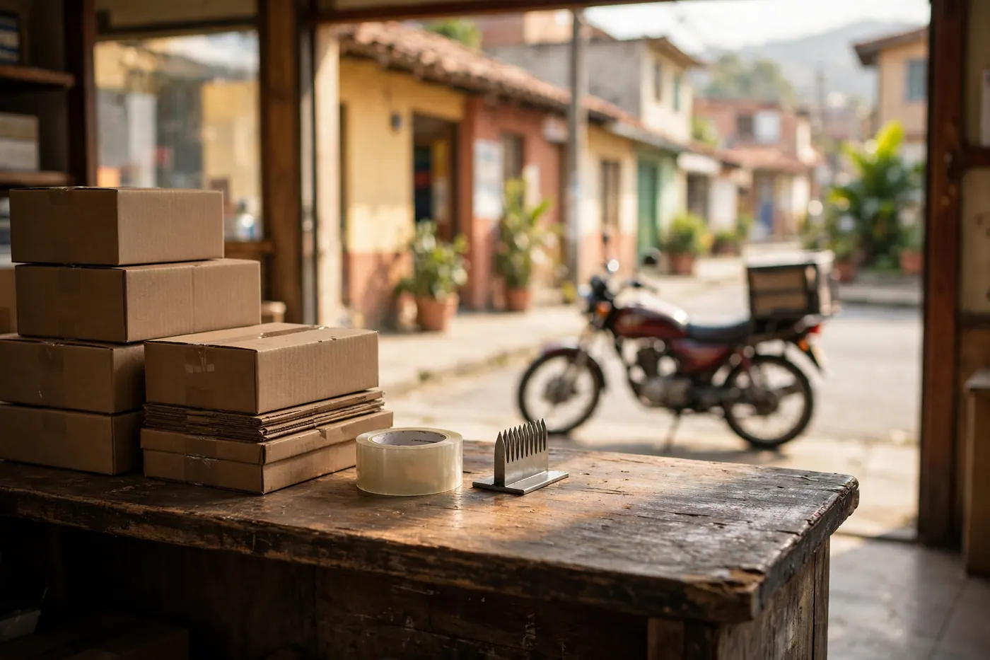 Small courier counter with stacked cardboard boxes, a roll of tape and a delivery motorcycle parked outside the open shopfront