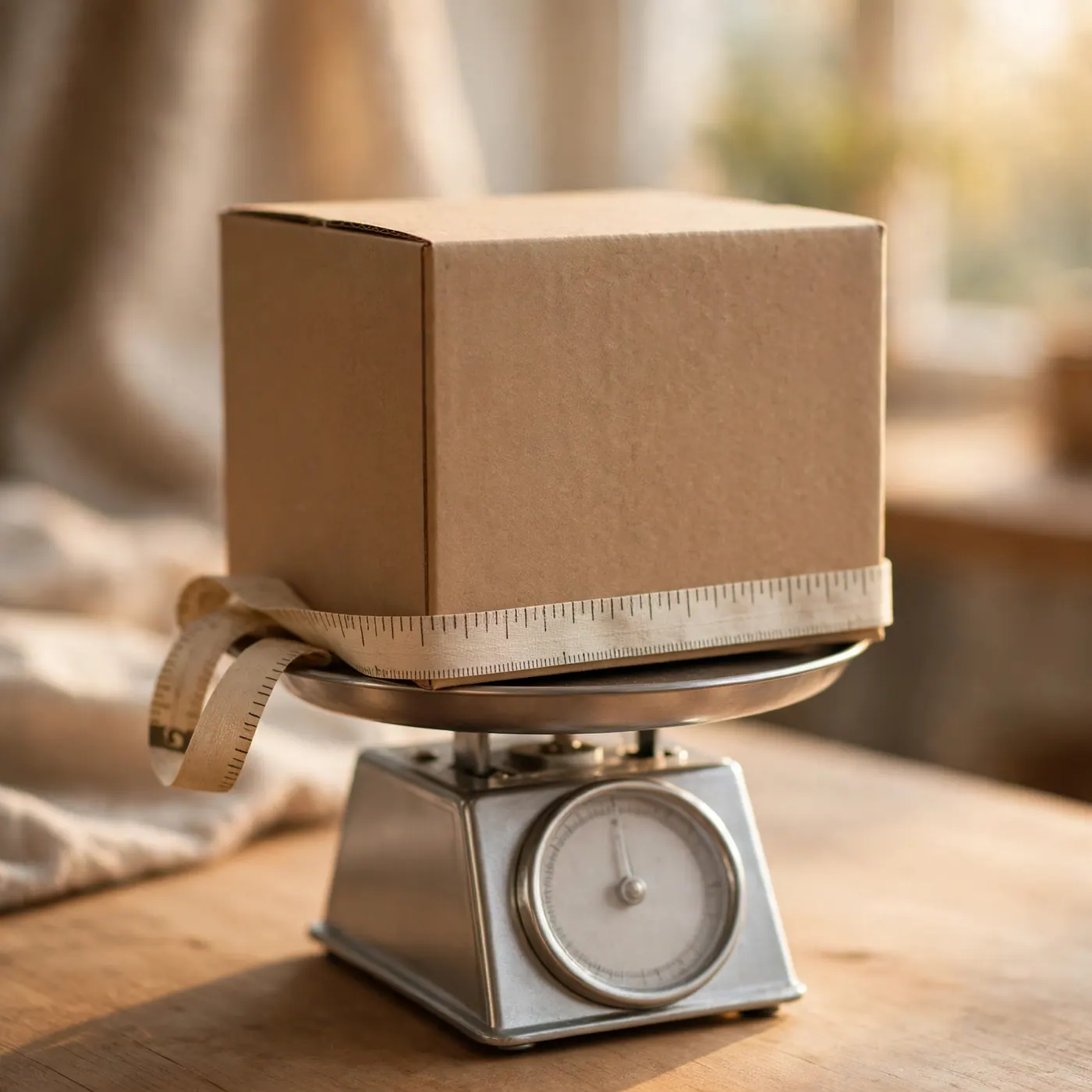 Cardboard box on a counter scale with a tailor's measuring tape along one edge