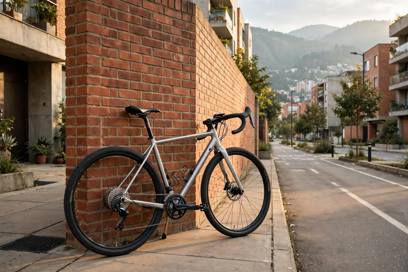 Bicicleta gravel plateada apoyada en pared de ladrillo junto a ciclorruta urbana con edificios y montañas al fondo