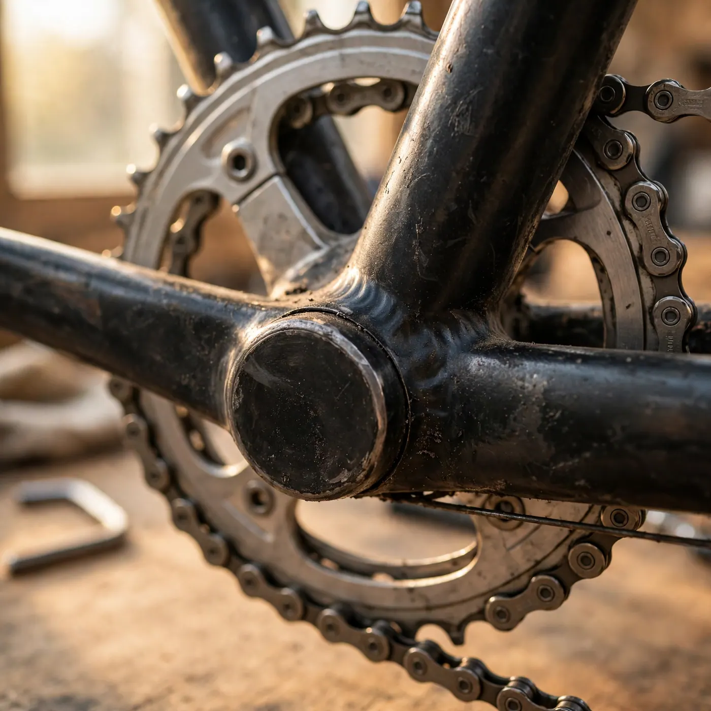 Primer plano del eje de centro, plato y cadena de una bicicleta usada en taller