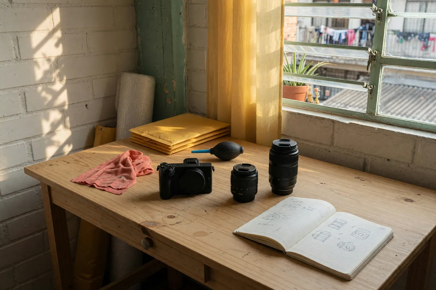 Mesa de madera con cámara mirrorless, dos lentes con tapa, pera de aire, paño de microfibra y cuaderno técnico junto a un sobre acolchado