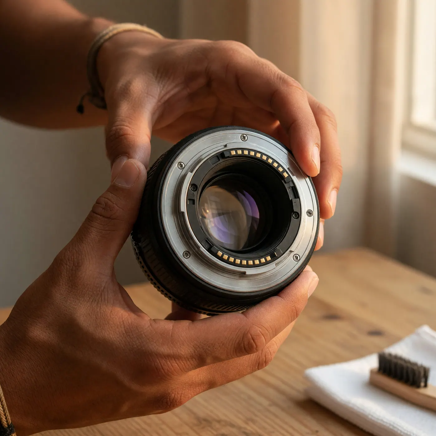 Manos inspeccionando la montura metálica y los contactos dorados de un lente fotográfico sobre una mesa de madera
