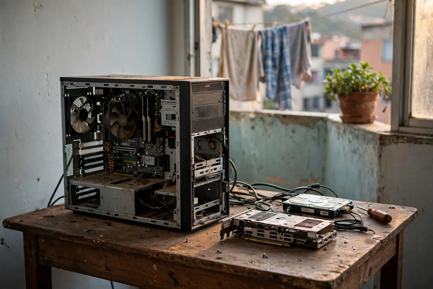 Torre de PC abierta con tarjeta gráfica y disco duro sueltos sobre una mesa de madera con luz de tarde
