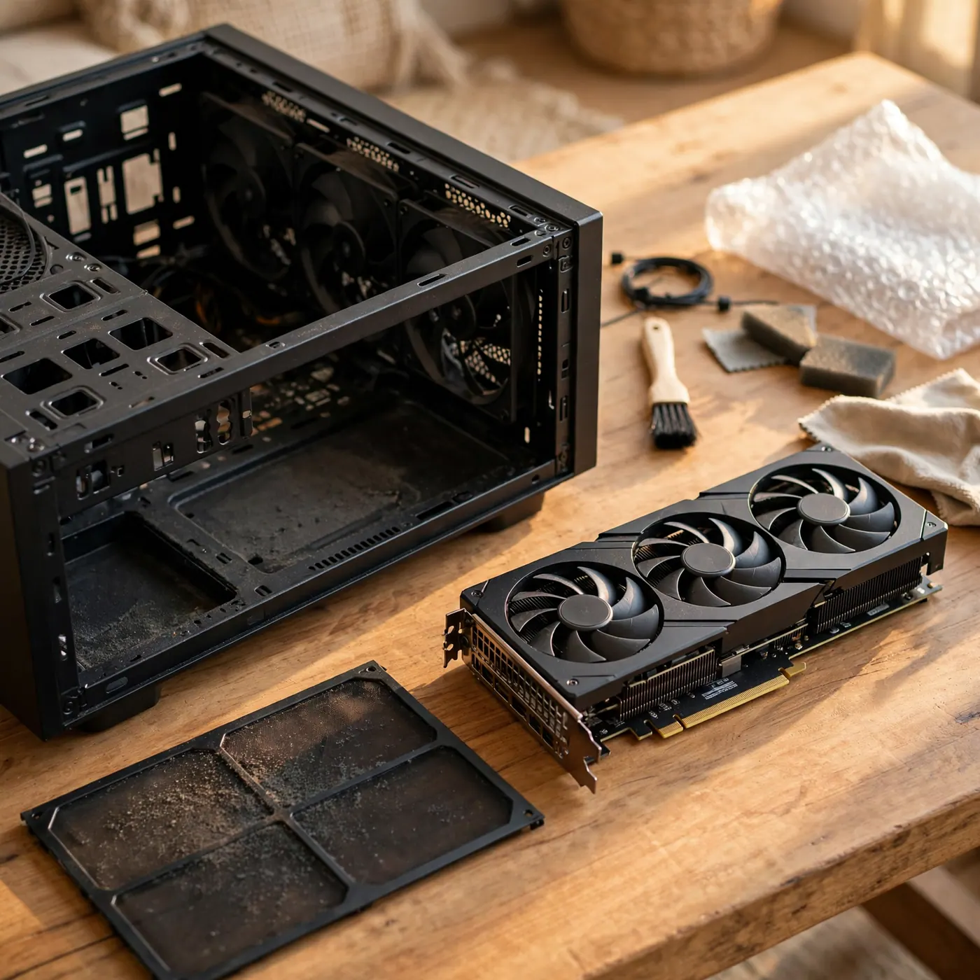 Caja de PC abierta y tarjeta gráfica suelta sobre una mesa, con puertos y filtros de polvo visibles