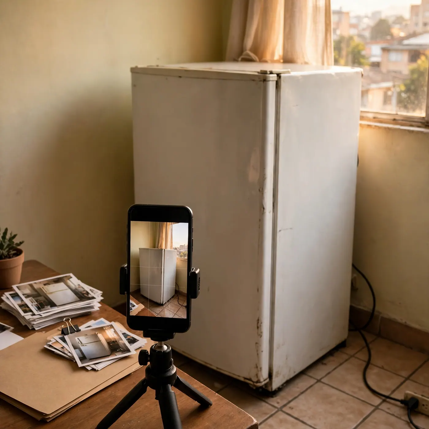 Celular fotografiando una nevera usada en un apartamento con piso de baldosa y luz de ventana