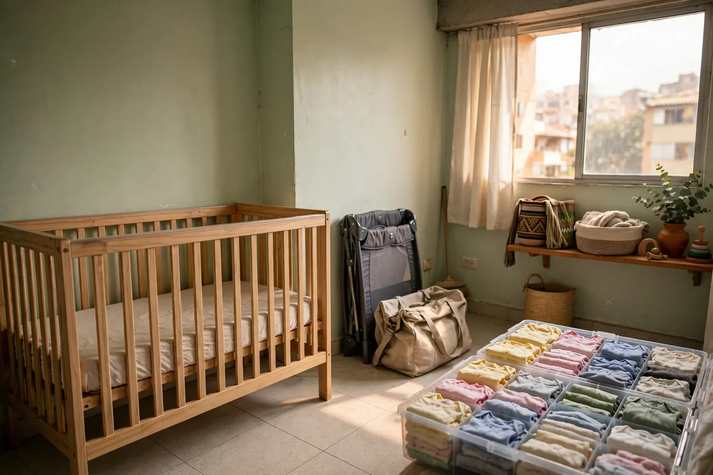 Habitación infantil con cuna de madera, corral plegable junto a un maletín y cajas con ropa de bebé doblada junto a una ventana
