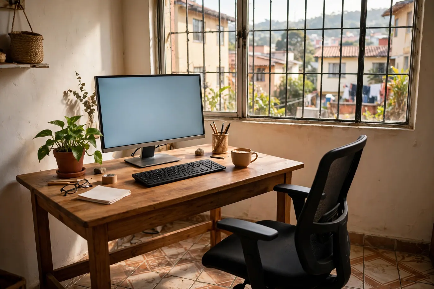 Escritorio de madera con monitor encendido, teclado y silla ergonómica junto a una ventana con reja en un apartamento