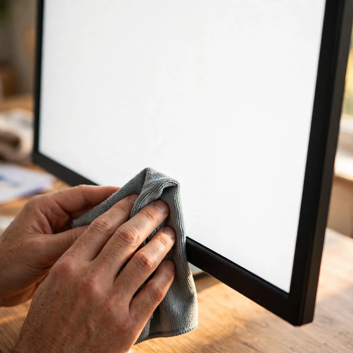 Manos limpiando el marco de un monitor encendido con paño de microfibra durante una prueba de pantalla blanca