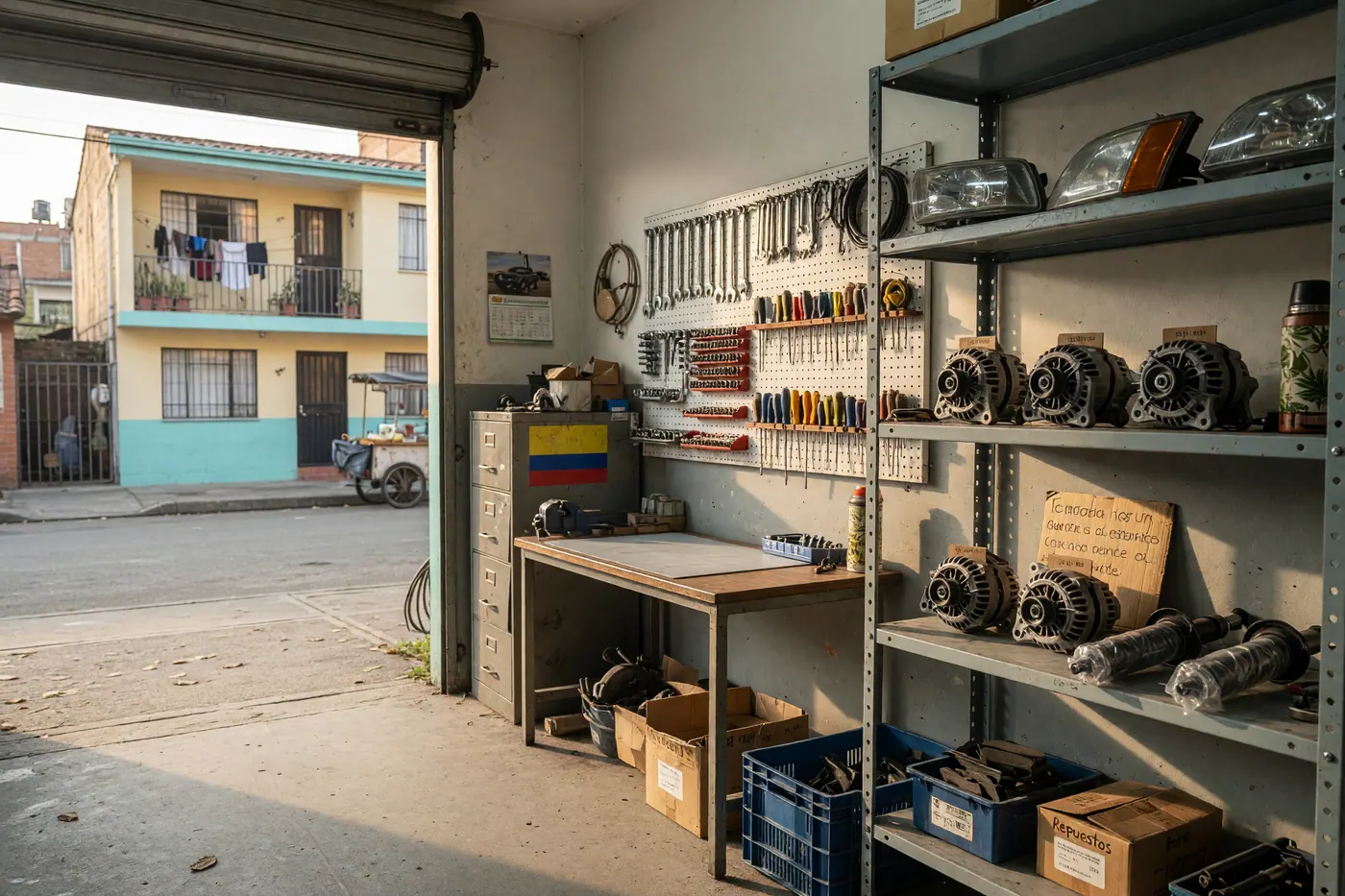 Taller mecánico en Colombia con estanterías organizadas de repuestos automotrices y piezas de segunda mano listas para venta
