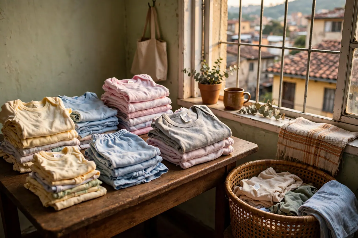Lotes de ropa infantil doblada sobre una mesa de madera junto a una ventana con luz de día, una etiqueta de talla y una canasta de ropa