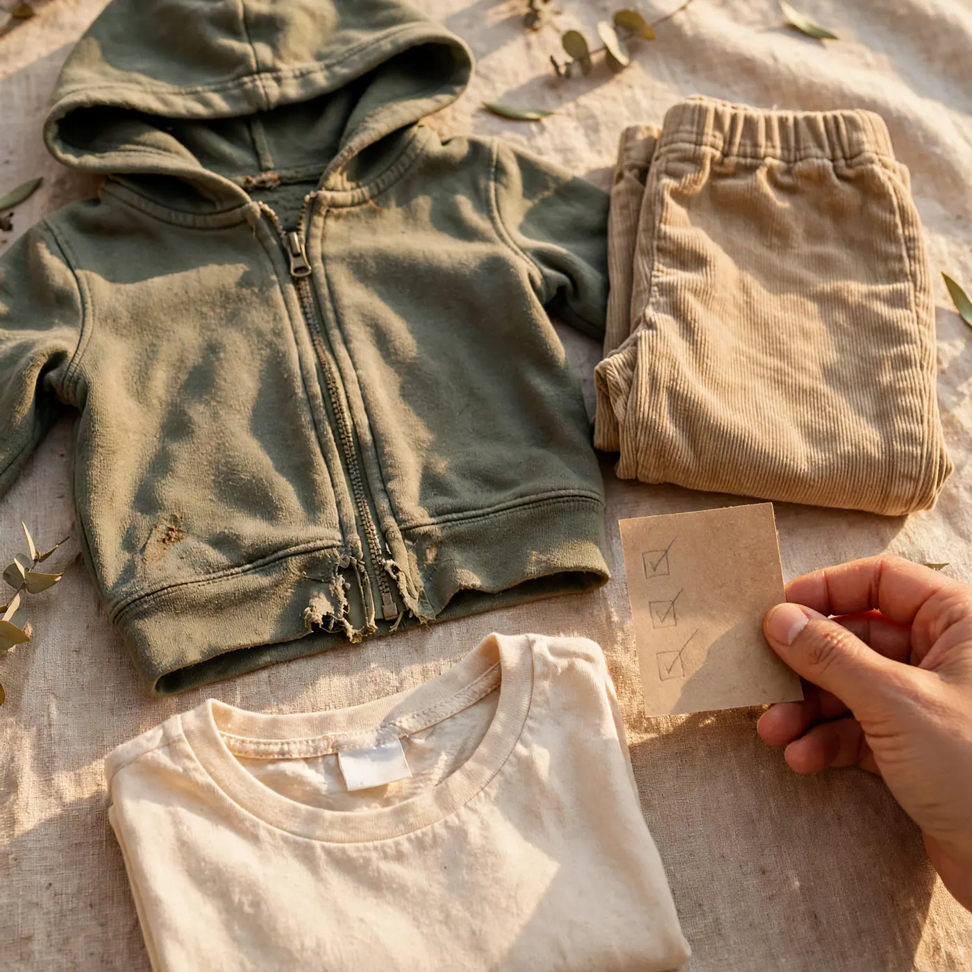 Prendas infantiles extendidas con etiqueta de talla, un cierre y un borde desgastados, y una mano adulta que cuenta las piezas
