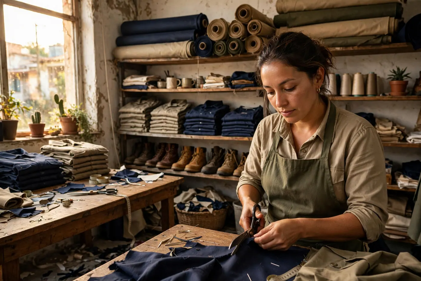 Operaria corta tela azul marino en un taller textil con uniformes doblados, zapatos de trabajo y rollos de tela