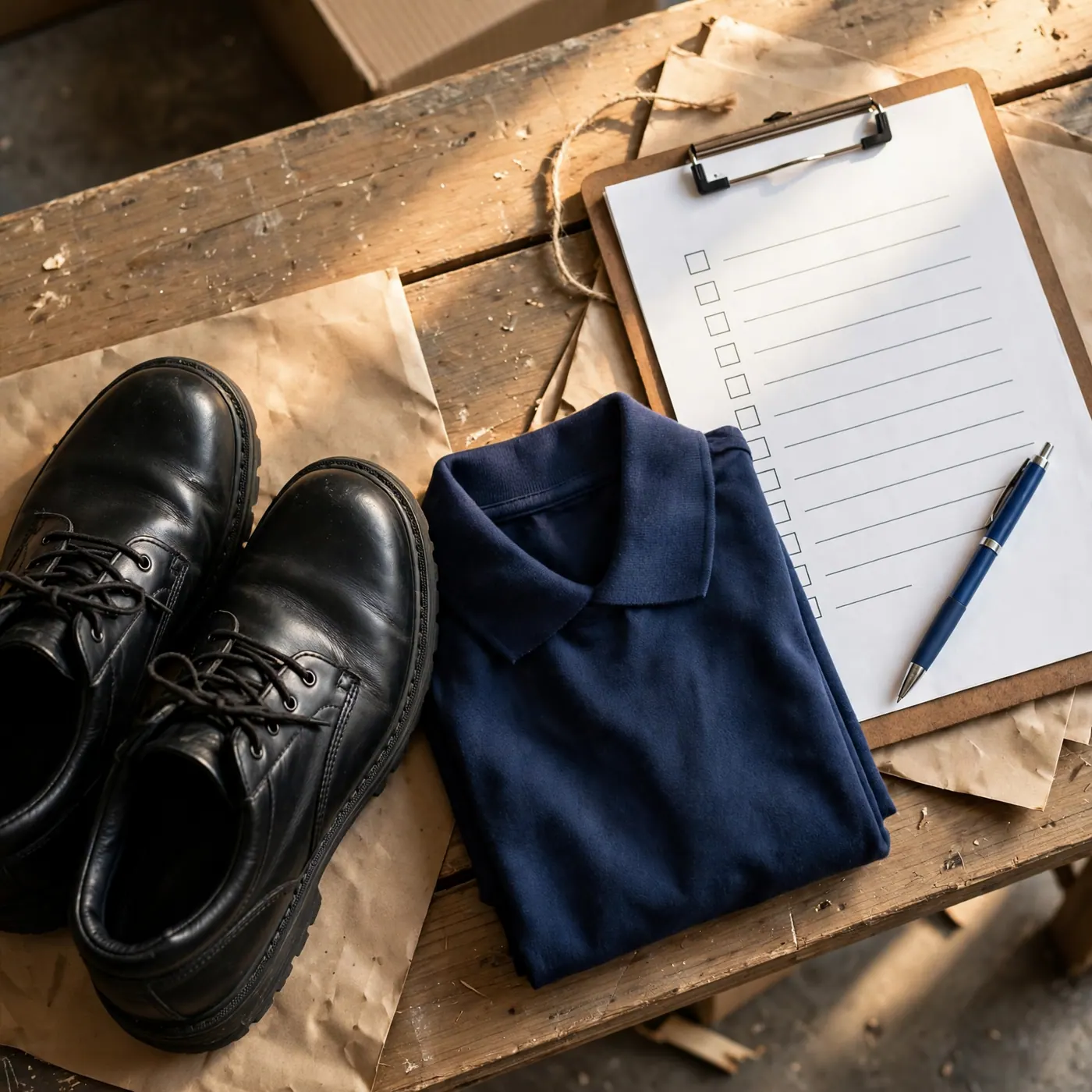 Zapatos de trabajo negros, camisa polo azul y planilla con casillas sobre una mesa de madera