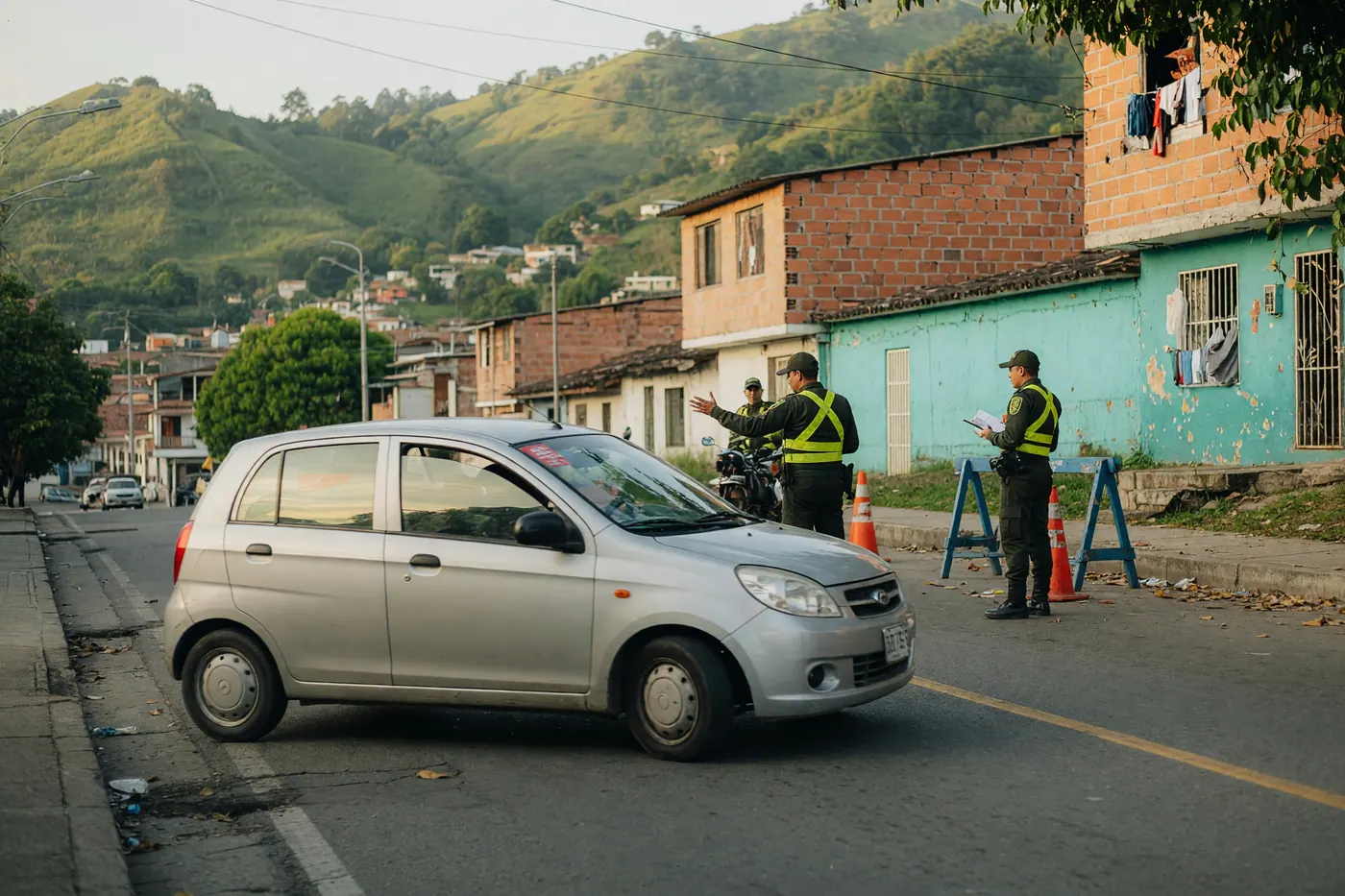 Compact car on a Colombian city street near traffic officers