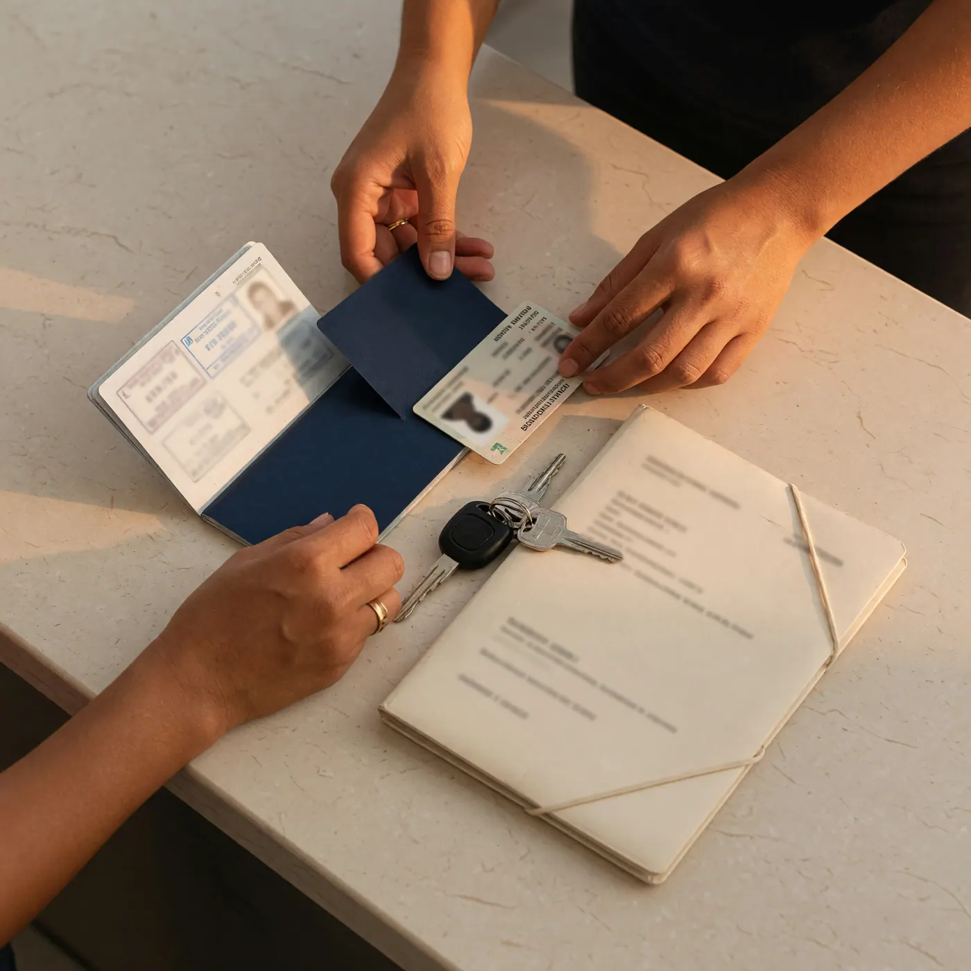 Foreign driver's license, passport, car keys and vehicle papers on a table