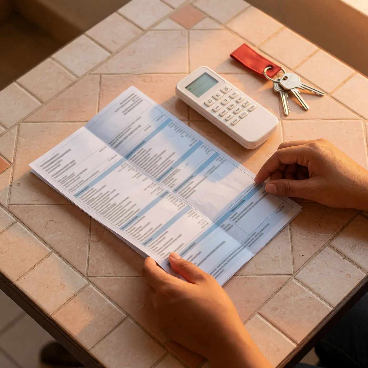 Hands reviewing an electricity bill beside an air-conditioning remote and apartment keys