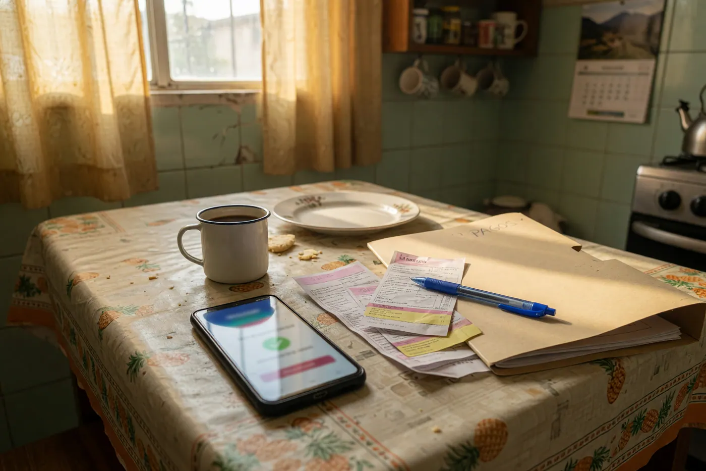 Teléfono, recibos, documentos y carpeta sobre una mesa de cocina