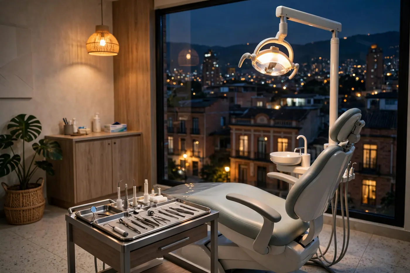 Modern dental operatory in Colombia with clinical lighting and a treatment chair at night