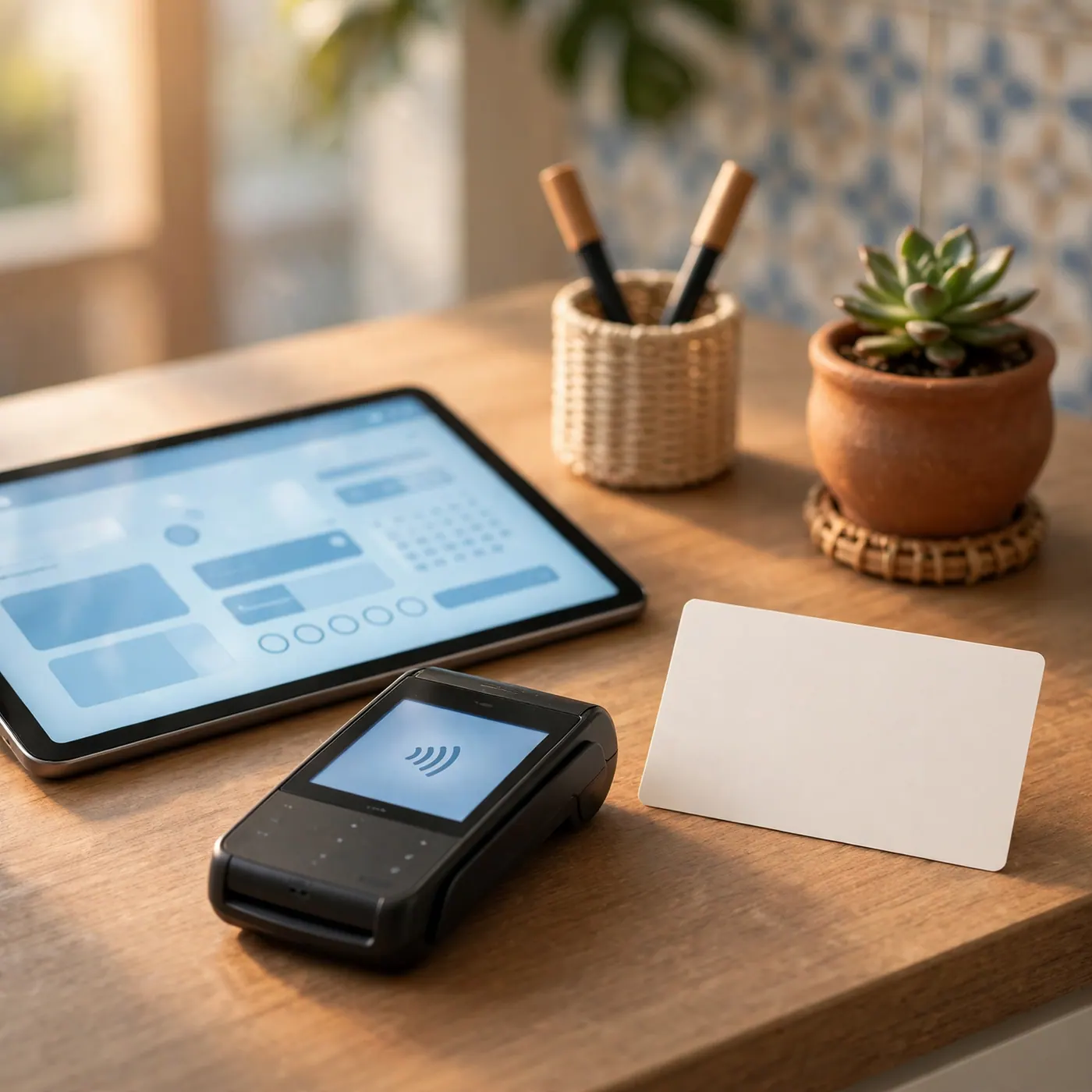 Reception desk of a private dental clinic with a payment terminal, tablet and appointment card