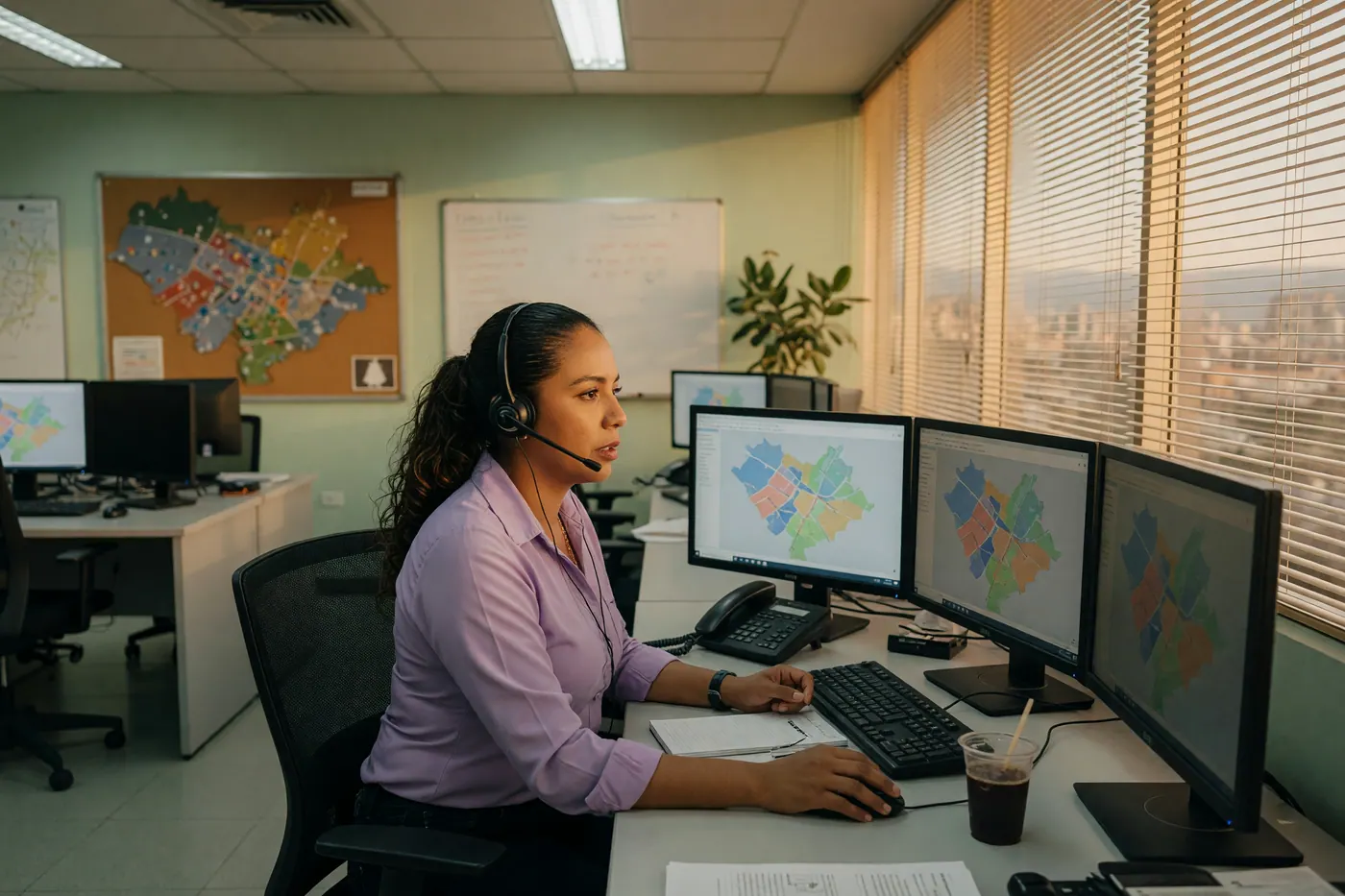 Emergency dispatch operator wearing a headset at a desk with city maps on multiple monitors