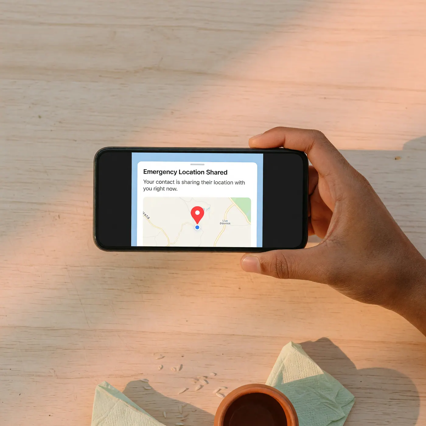 Hand holding smartphone showing text message emergency location link