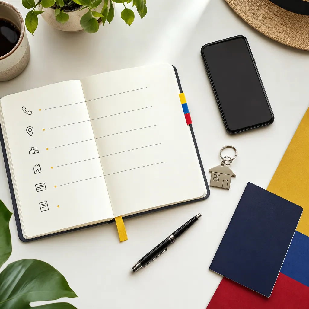 Prepared emergency contact checklist for Colombia with phone, address and document icons